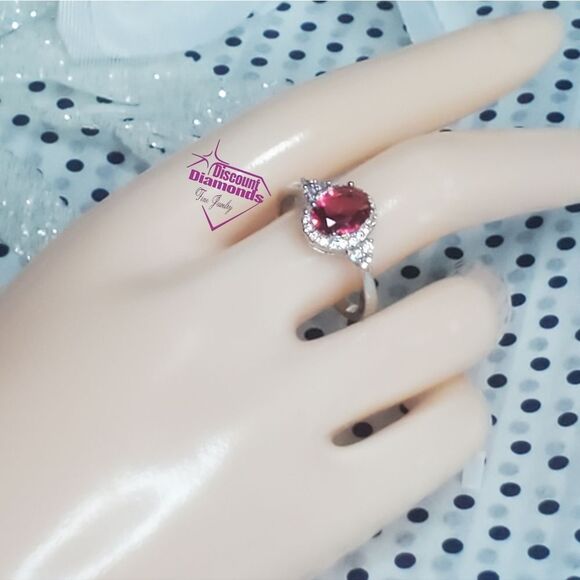 Oval Red Ruby Ring with Clusters of White Baguette Diamonds on 925 Silver - Picture 10 of 10